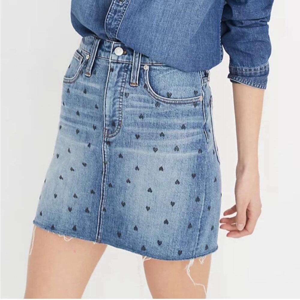 Madewell Stretch Denim Straight Skirt with Black Hearts Detail